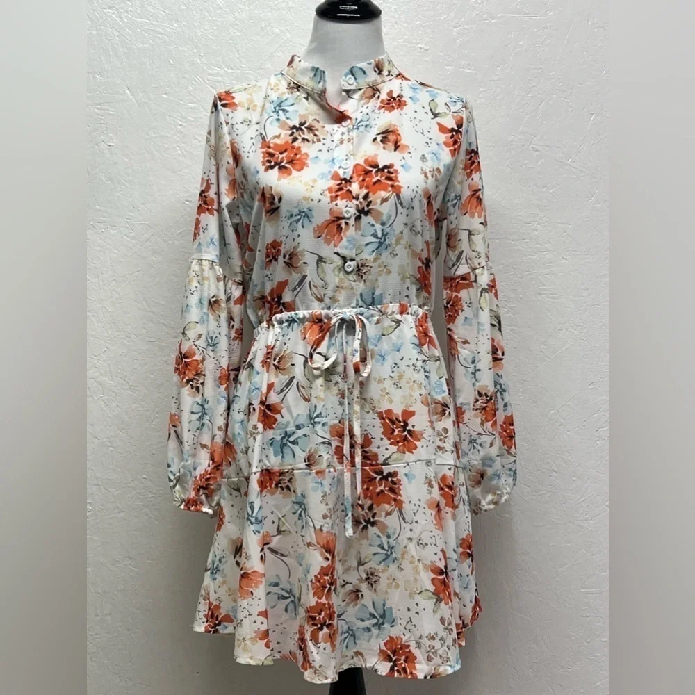 Women’s Chic Floral Button Front Mini Boho Dress - L